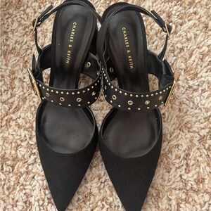 Charles & Keith Black Heels with Gold Studs - like new